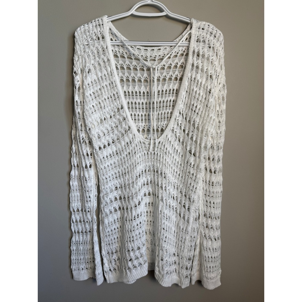 SHEIN Open Knit Crochet Long Sleeve Cover Up Top L White Boho Coastal Festival